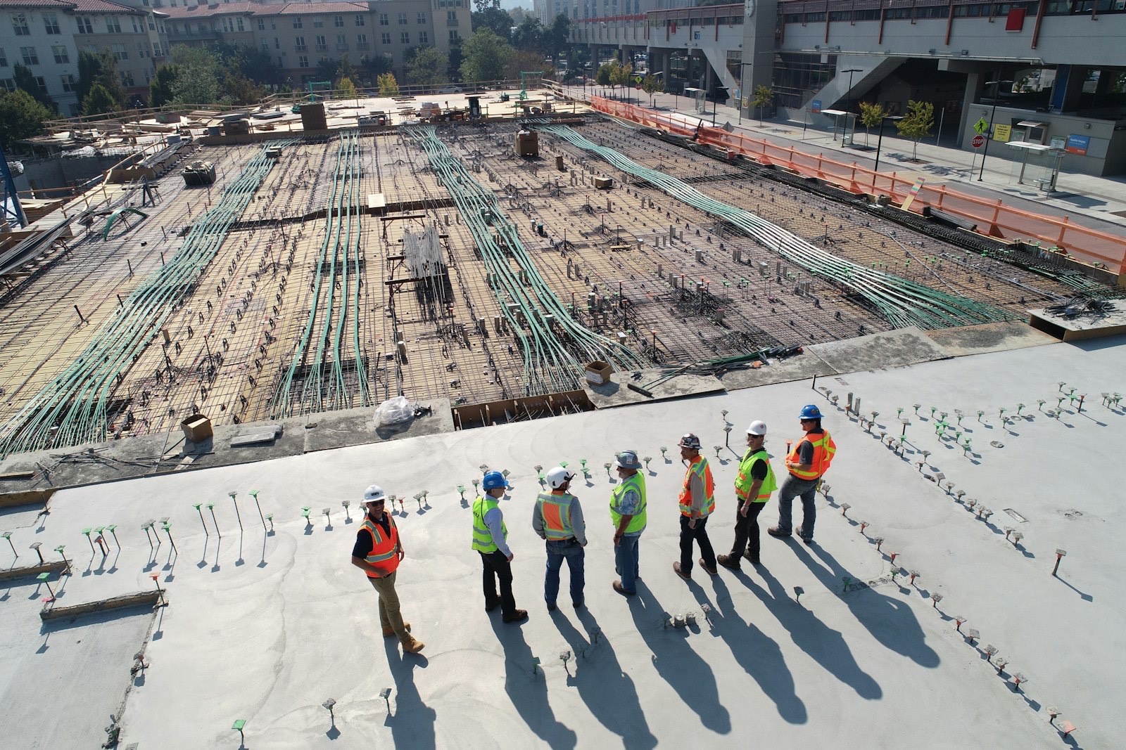 Reinforced concrete slab with embedded services of the kind located by GPR